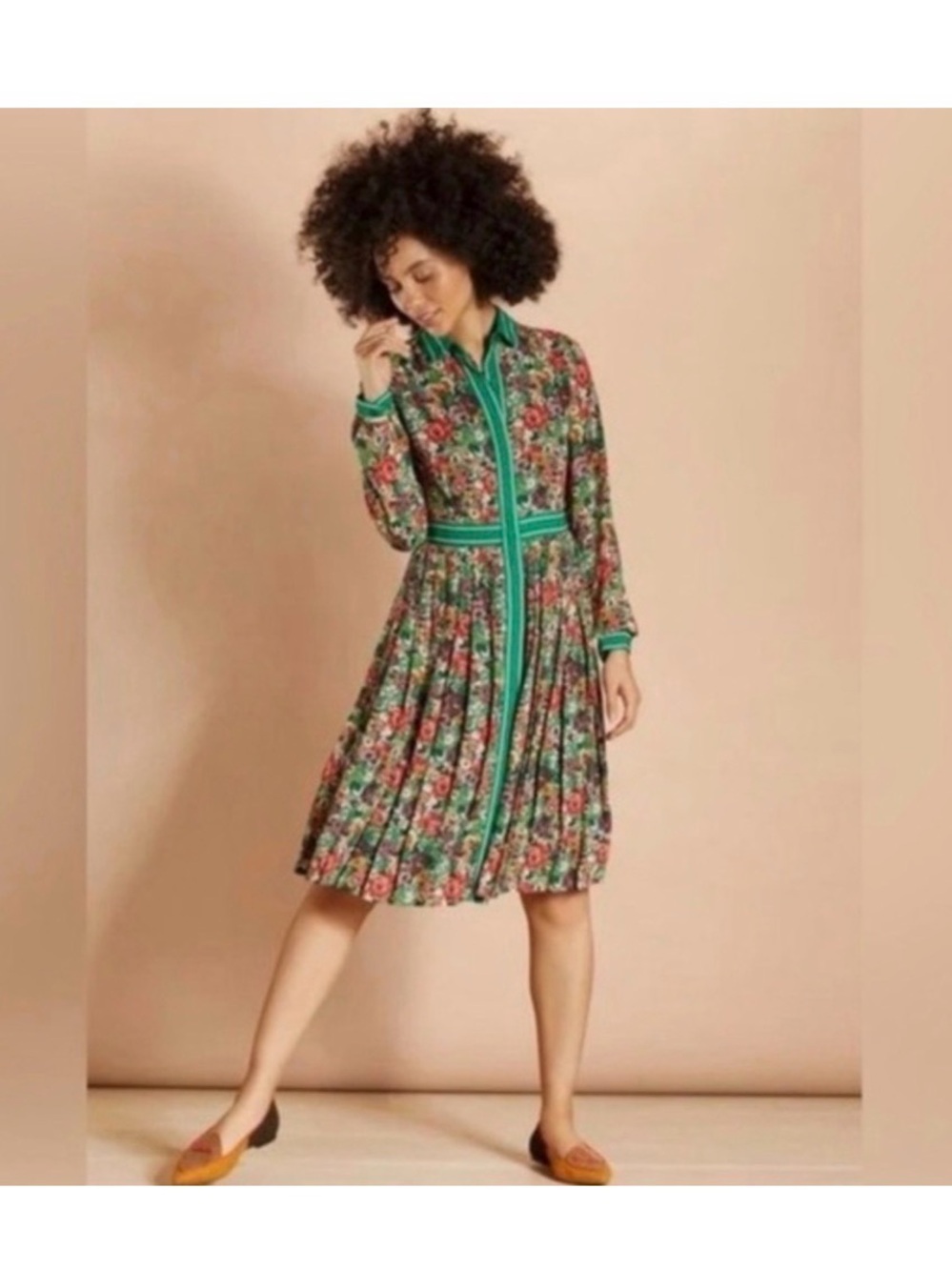 Brooks Brothers Floral Midi Shirt Dress w/ pleated skirt & Green Trim NWT sz 14